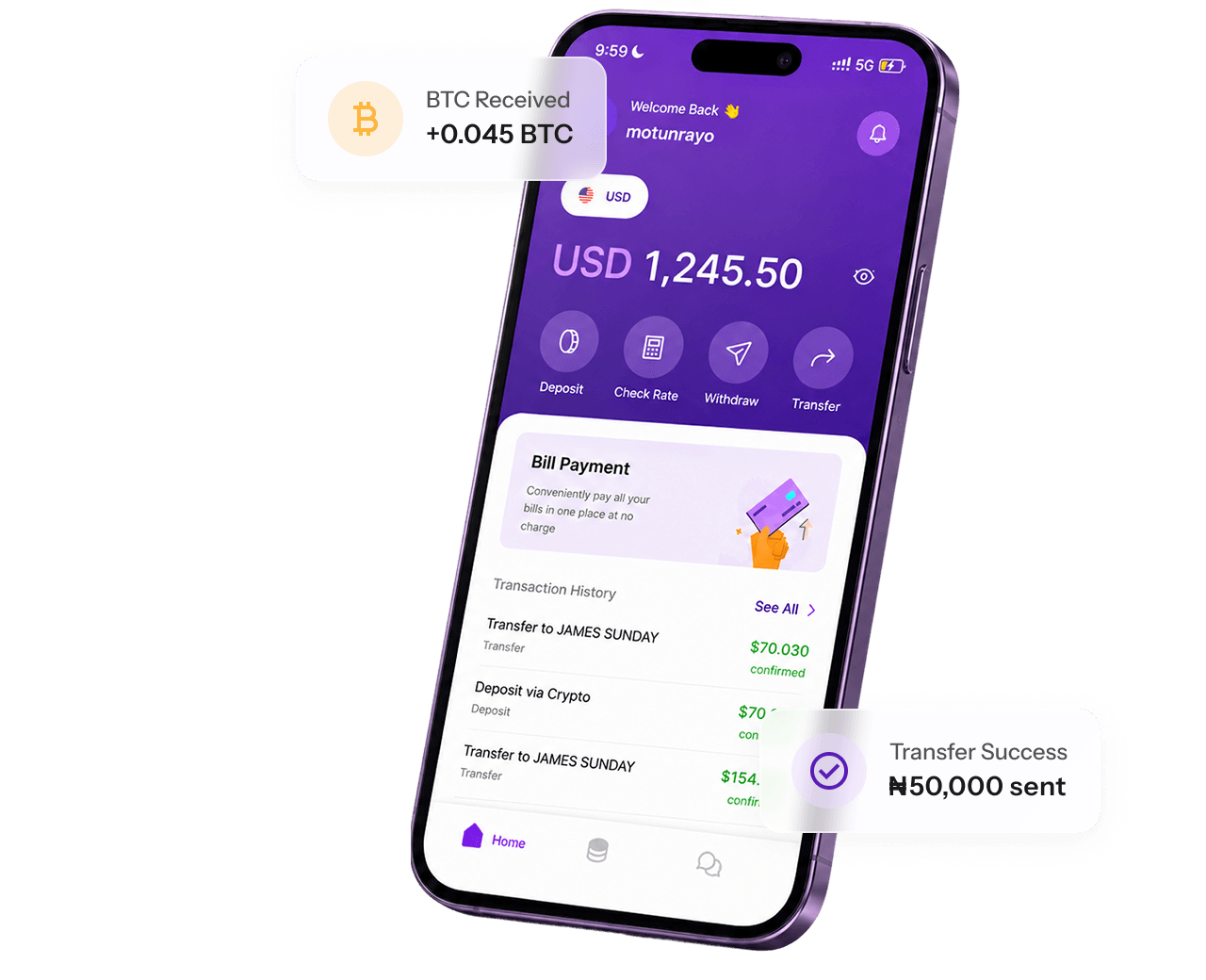 Kokopay app preview showing balance, transfer, and bill payment screens